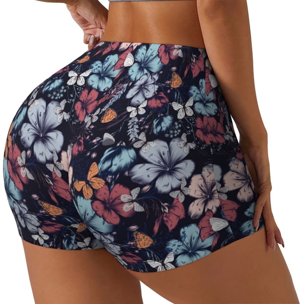 Fotbe Flowers ad Butterflies Shorts Sin Costuras – Shorts Deportivos de Cintura Alta para Mujer, Elásticos para Gimnasio, Yoga, Running o Ciclismo-Small