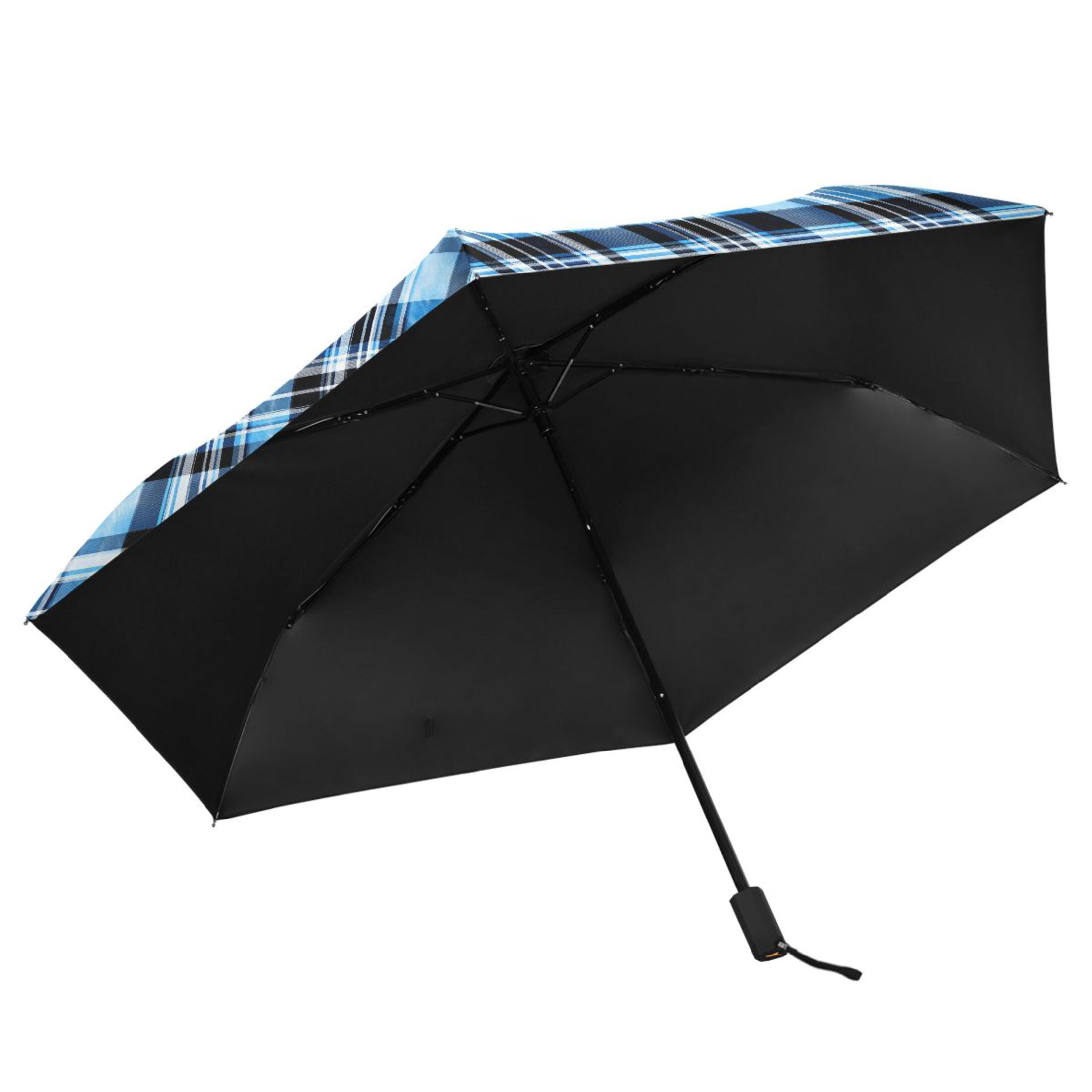 Blue and Black Plaid Compact Sun Umbrella Windproof Travel Umbrellas for Rain Strong Portable UV Protection