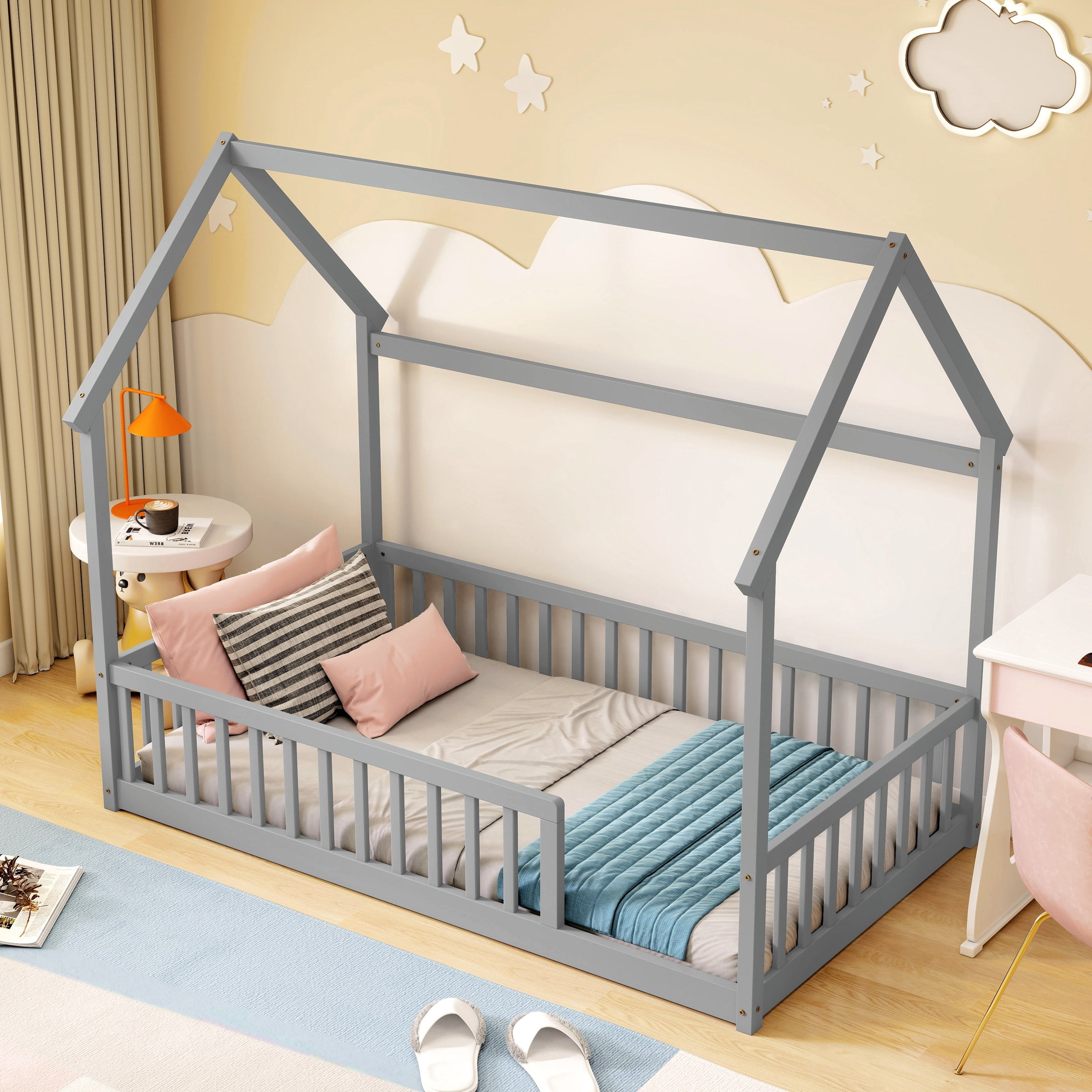 Twin Size House Floor Bed with Roof Frame, Pine Wood Floor Bed with Safety Guardrails, Grey