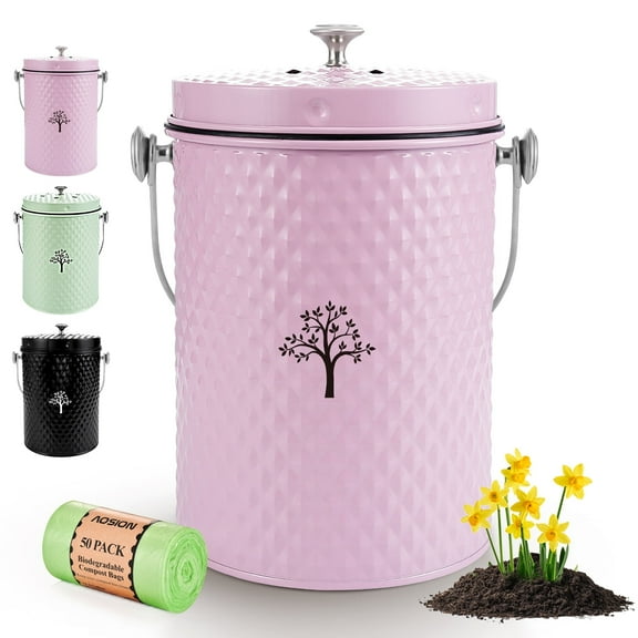 AOIOSN,Countertop Compost Bin Kitchen,Odorless Indoor Compost Bin with Lid and Compost Bags,Compost Bucket Composter Container for Food Waste,PinK