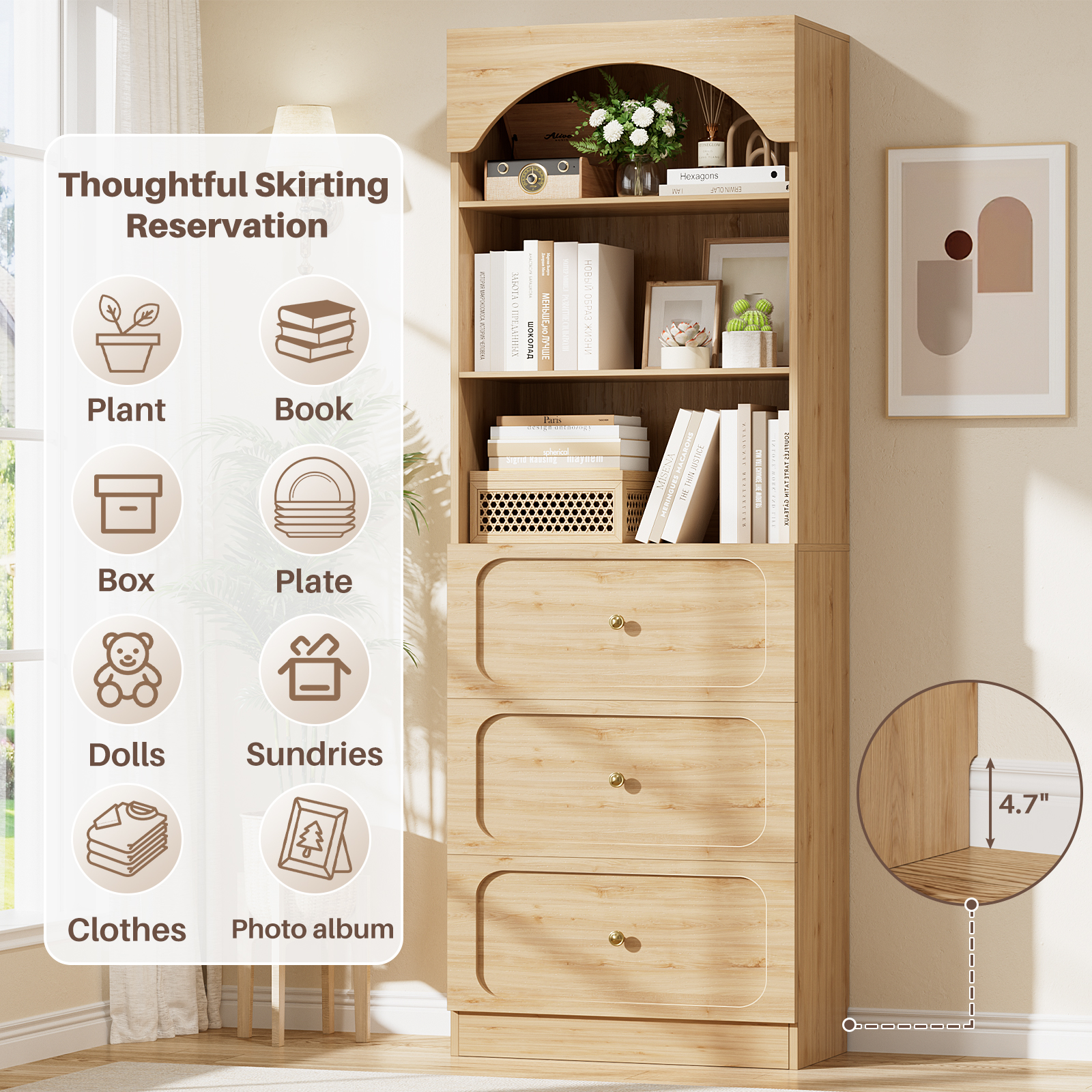 Homieasy 80" Tall Arched Bookcase with 3 Drawers & 3 Open Shelves - Wooden Storage Cabinet for Living Room, Kitchen, Office,Brown