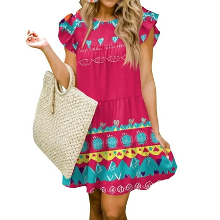 Womens Dress Shirts  Smocked Babydoll Flower Casual Round Neck Ruffle Sleeve Flowy Short Tunic Dress Brown Maternity Chinese Dress Bridal Shower For Guest Dresses Casual (S  Hot Pink) ZMTing