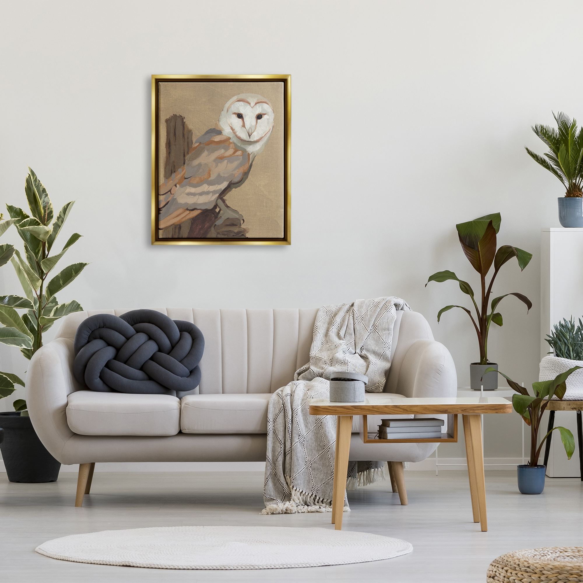 Stupell Industries Barn Owl Bird Perched Gazing Wildlife Animal Painting Painting Metallic Gold Floating Framed Canvas Print Wall Art, Design by Jacob Green