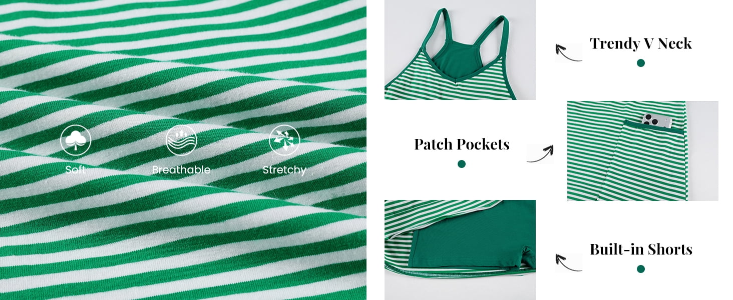 PUWEI Women's Striped Athletic Mini Dress Summer Sleeveless Built-in Shorts Tennis Workout Romper