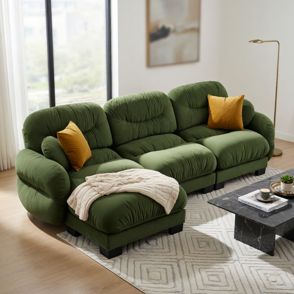 Hommoo Chenille L-Shaped Modular Sectional Sofa with Ottoman, 3-Seat Pleated Design & Ergonomic Foam Cushions, Includes 2 Round Throw Pillows, Green