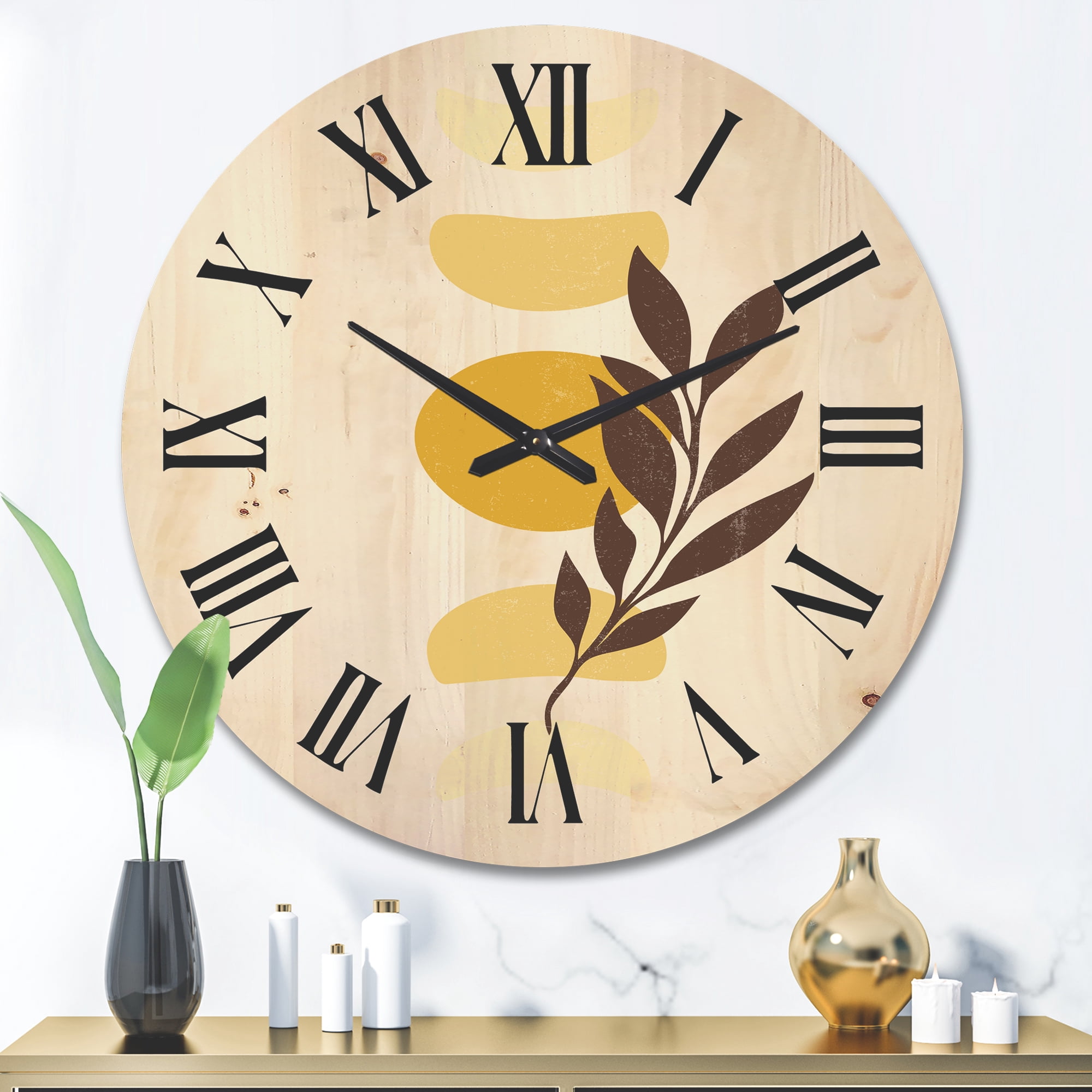 Designart 'Abstract Geometrical Moon and Sun With Leaf VII' Modern Wood Wall Clock