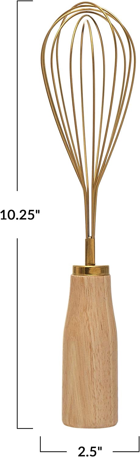 Bloomingville Standing Stainless Steel Whisk with Wood Handle, Gold Finish