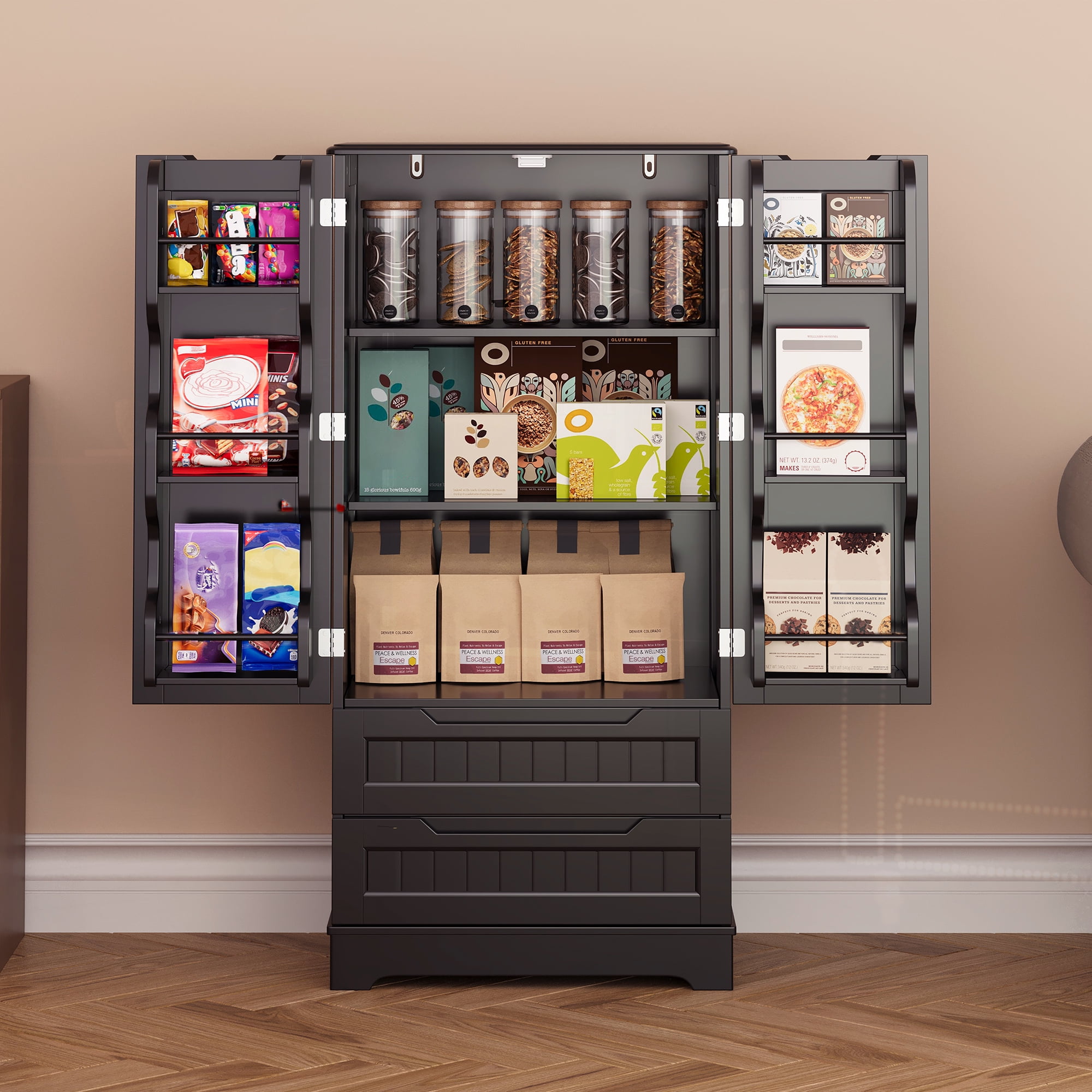 63'' Large Kitchen Pantry Cabinet with Drawers, Noelse Pantry Storage Cabinets with 2 Doors and 3 Shelves for Kitchen Dining Room and Living Room, Black