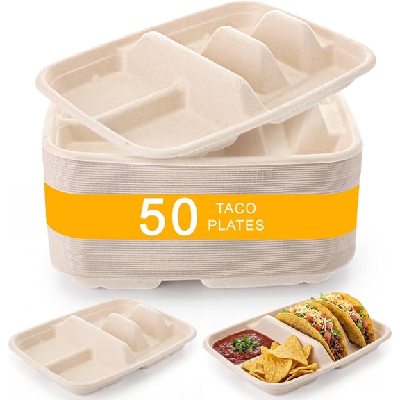 50 Pack Disposable Taco Plates for 2 Tacos & 2 Sides Fiesta Tacos Stand Holder Paper Plates with Dividers for Taco Bar Serving Party Supplies