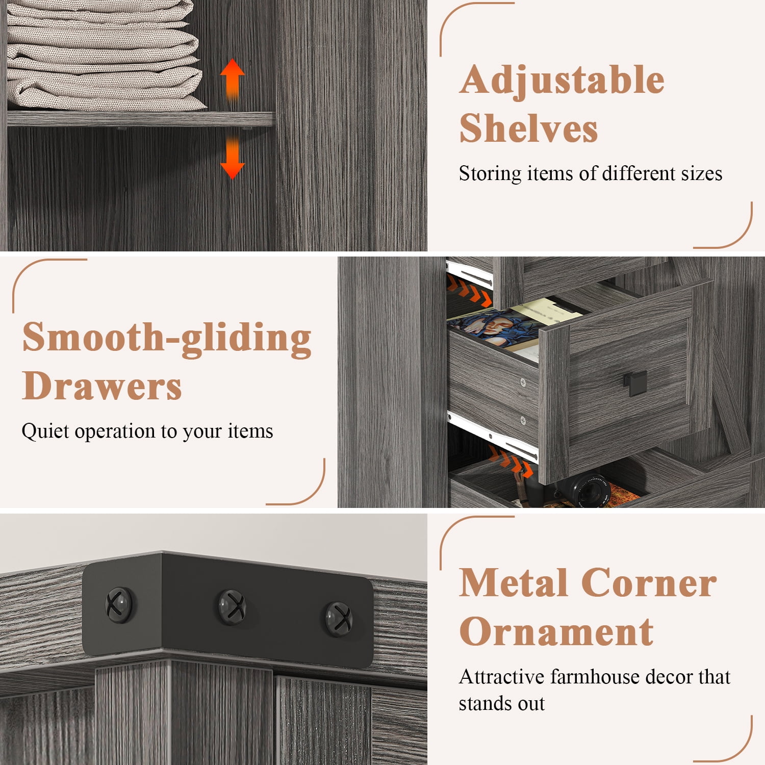 Winkalon 5 Drawers Dresser Chests for Home Bedroom, Farmhouse Wood Rustic Tall Chest of Drawers, Pull Storage Cabinet,Grey