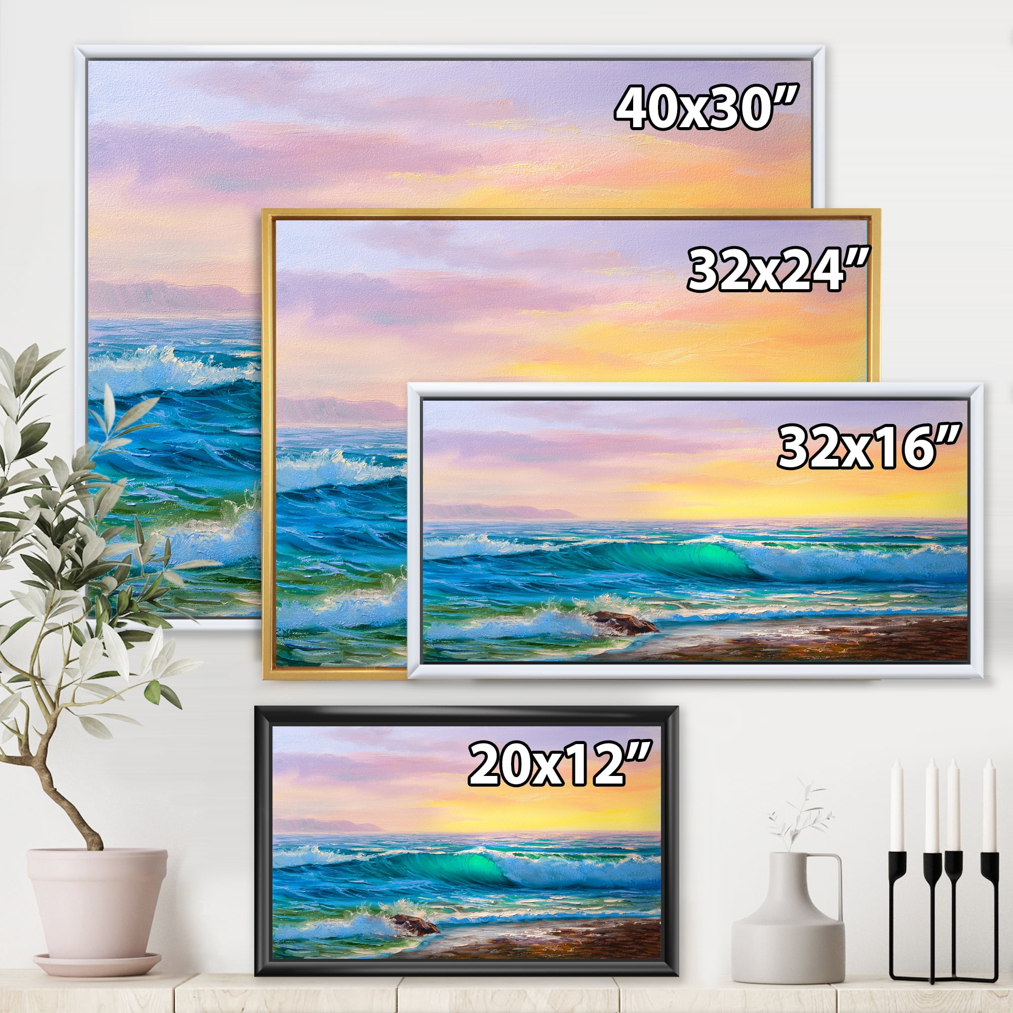 Designart 'Blue Waves Breaking At The Beach Landscape IV' Nautical & Coastal Framed Canvas Wall Art Print