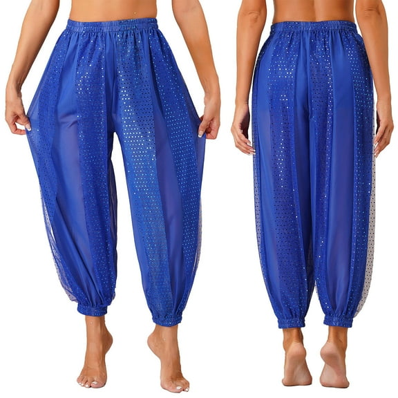Aislor Women's Belly Dance Bloomers Trousers Sequins Dots Chiffon Pants Party Club Wear Royal Blue One Size