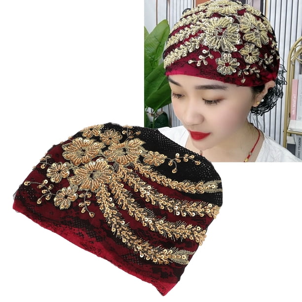 Gorro Envolvente Con Turbante para Mujer, Gorro Floral de Encaje Musulmán, Bordado Con Cuentas, Cubierta para la Cabeza, Capó Elás