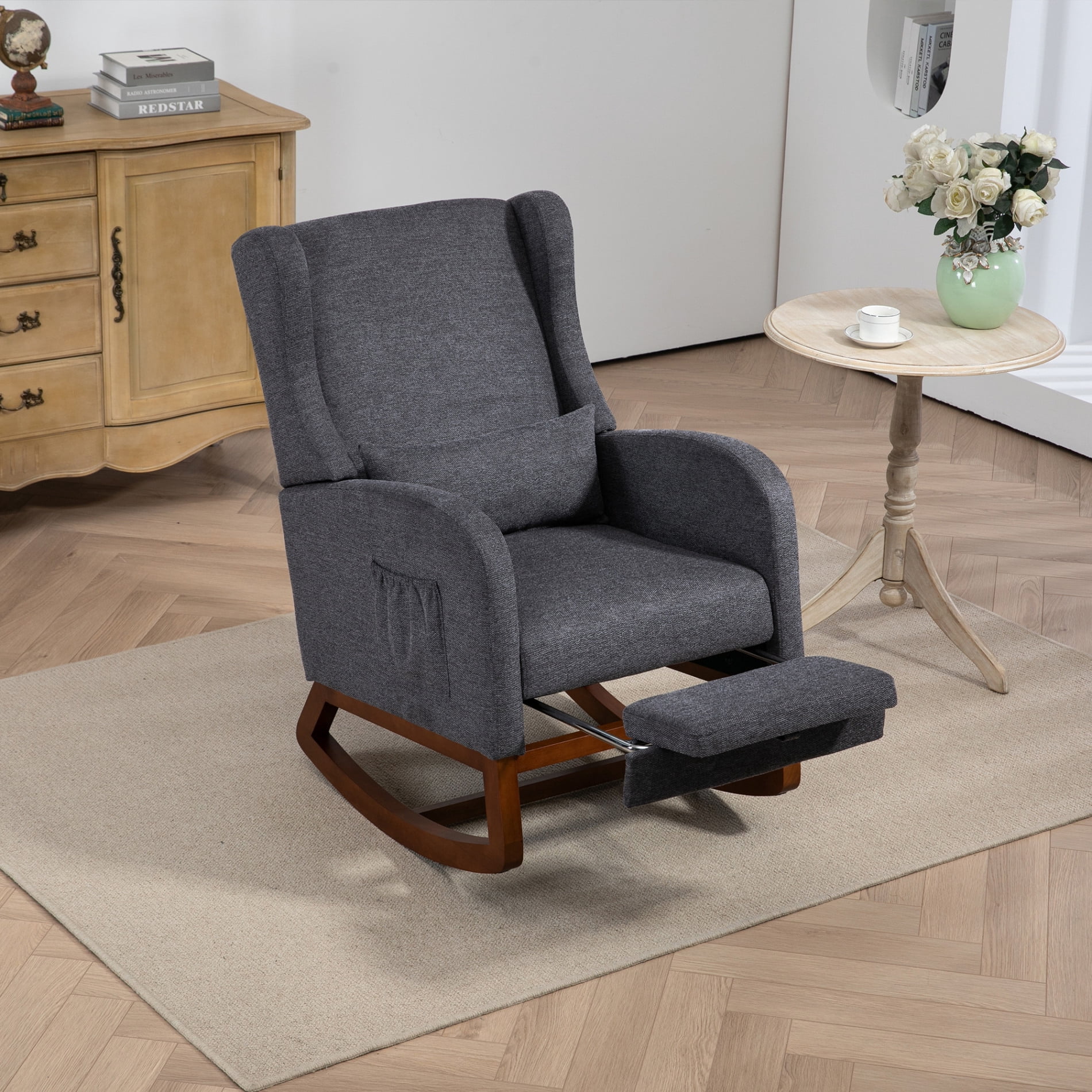 Modern Wingback Rocking Chair for Nursery & Living Room, Sturdy Wooden Glider with Retractable Footrest, Side Pocket, Comfortable High Back Design for Parenting and Relaxation, Charcoal