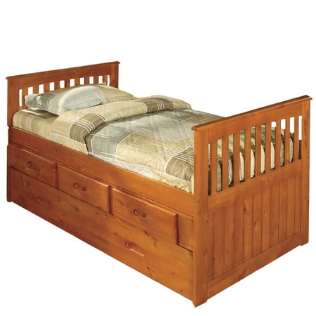 Trundle Honey - American Furniture Classics Model 2135-TRH, Solid Pine Twin Rake Bed with Trundle and Three Drawer Storage in Honey