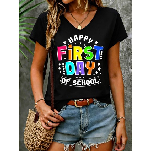 Happy First Day Of School 1st Day Back To School Teacher V Neck T-Shirt Cotton Women's V Neck Graphic Tee, Casual Short Sleeve Shirt,Vacation Outfit