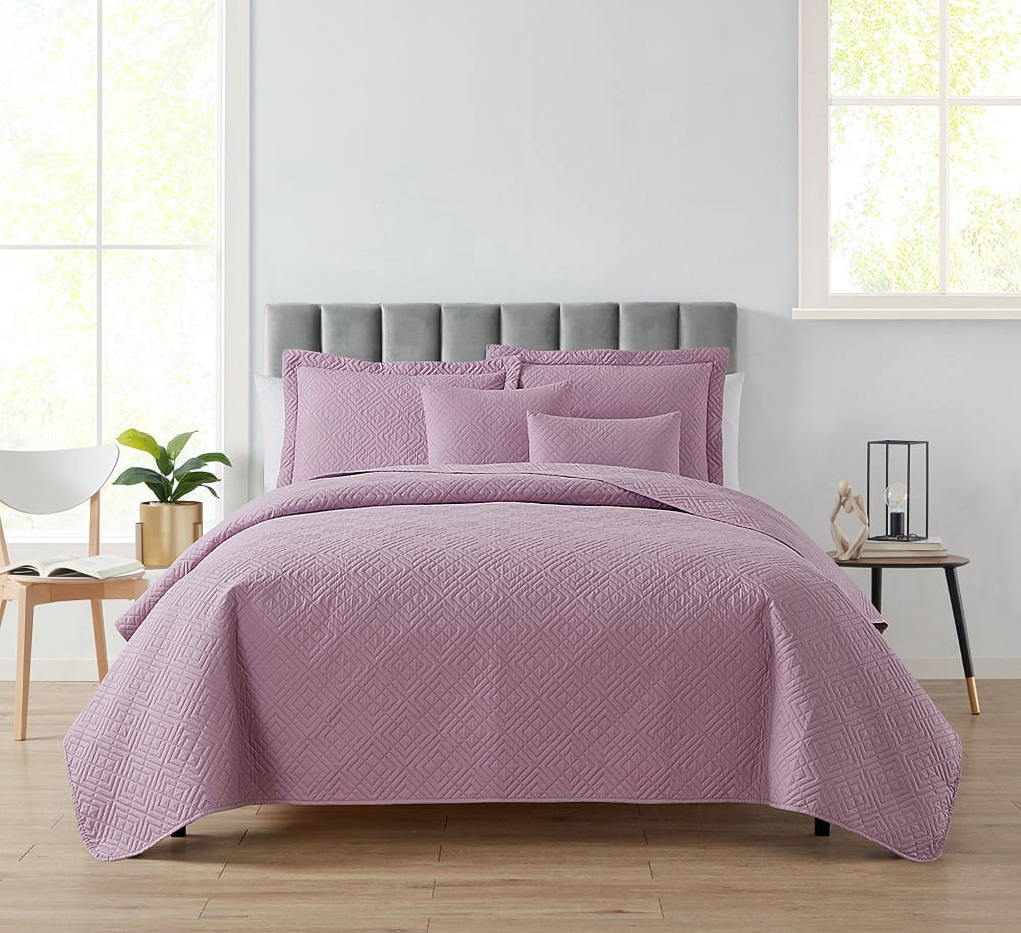 Nestl 5 Piece Quilt Set Queen , Soft Microfiber Lightweight Bedspread Coverlet, Modern Style Diamond Weave Bed Cover, Lavender Dream