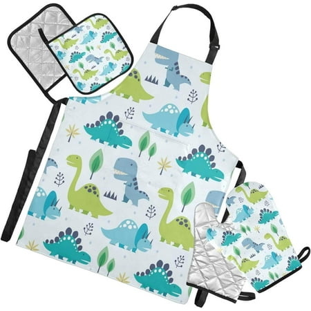

Bestwell Cute Dinosaur Kitchen Apron Sets 1 Waterproof Apron with Pockets 2 Oven Mitts & 2 Pot Holders Kitchen Accessories Set Adjustable Strap for Kitchen Cooking