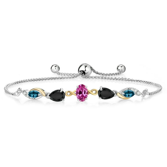 Gem Stone King 925 Silver and 10K Yellow Gold Pink Created Sapphire Black Onyx London Blue Topaz and Lab Grown Diamond Tennis Bracelet for Women By Keren Hanan (1.66 cttw, Adjustable up To 9 inch)
