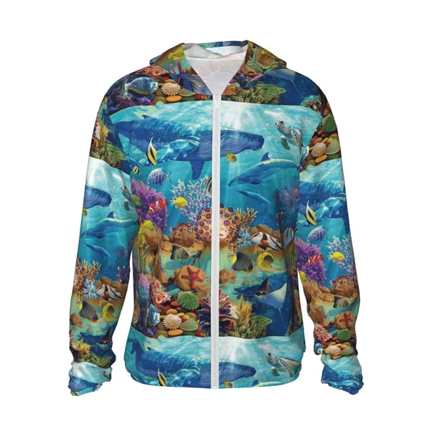 Fotbe Sea World Chaqueta con Protección Solar UPF 50+ para Hombre y Mujer, Camisa con Capucha y Bolsillos-X-Large