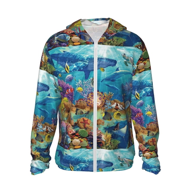 Fotbe Sea World Chaqueta con Protección Solar UPF 50+ para Hombre y Mujer, Camisa con Capucha y Bolsillos-Large