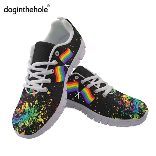 Zapatos de mujer con estampado de bandera de Doginthehole, diseño de marca LGBT Love, zapatos planos casuales, zapatillas de deporte de malla transpirable para hombre