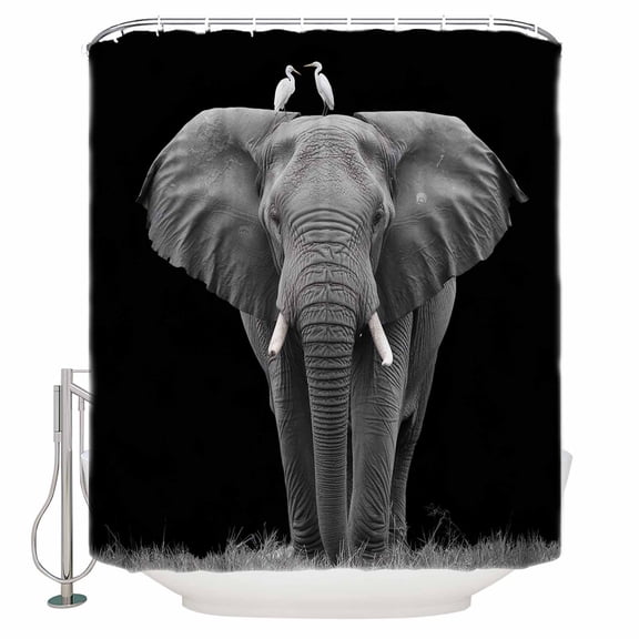 Elephant Bird Bathroom Shower Curtains with 12 Hooks Polyester Waterproof Shower Curtain for Stalls and Bathtubs Modern Pastoral Animal Black Grey Decorative Bathroom Privacy Curtain 72x72 Inches