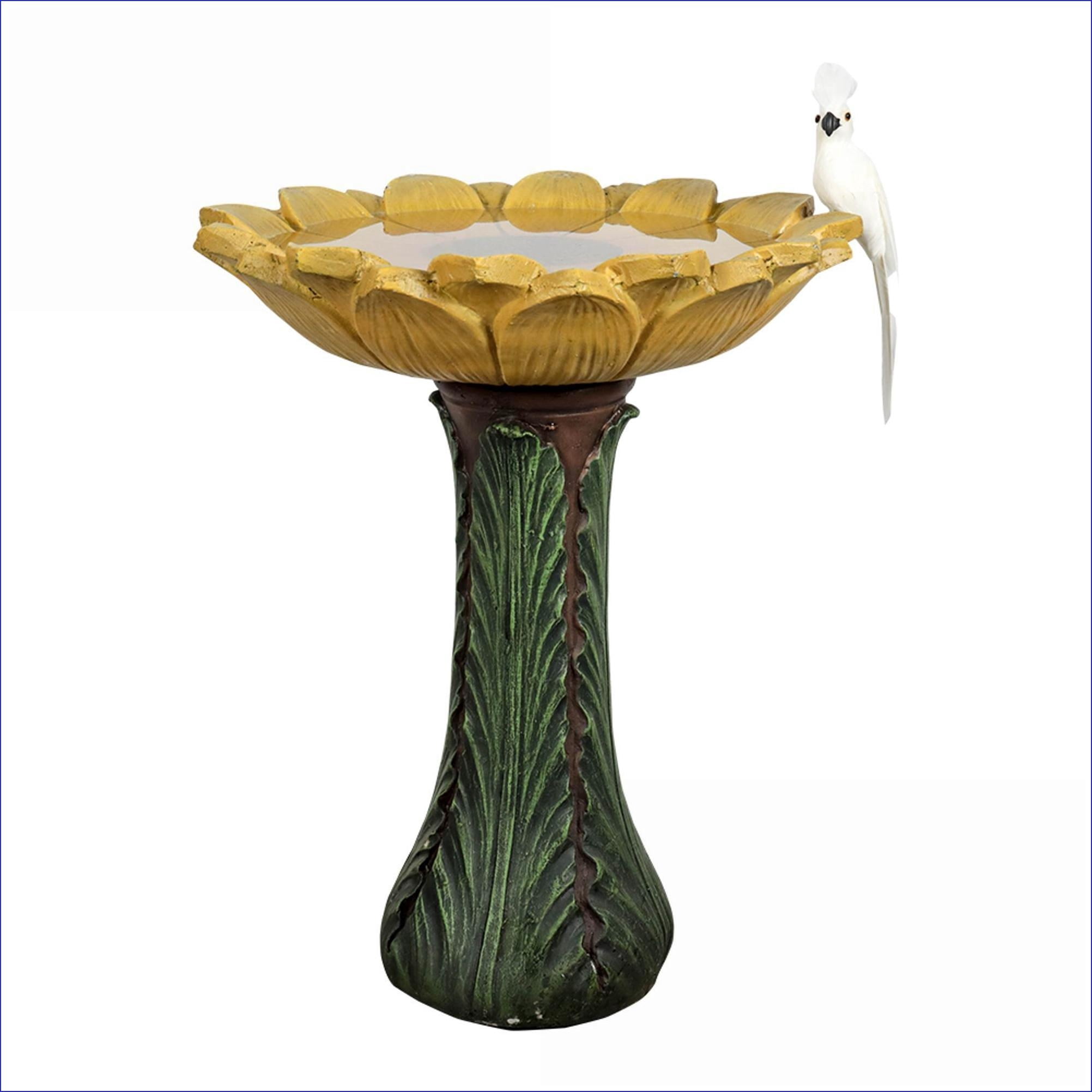 Bird Baths | 24.4" Tall Outdoor Weather Resistant Mustard Yellow Sunflower Bird Bath for Garden Patio | Yellow; Green | Concrete Cement