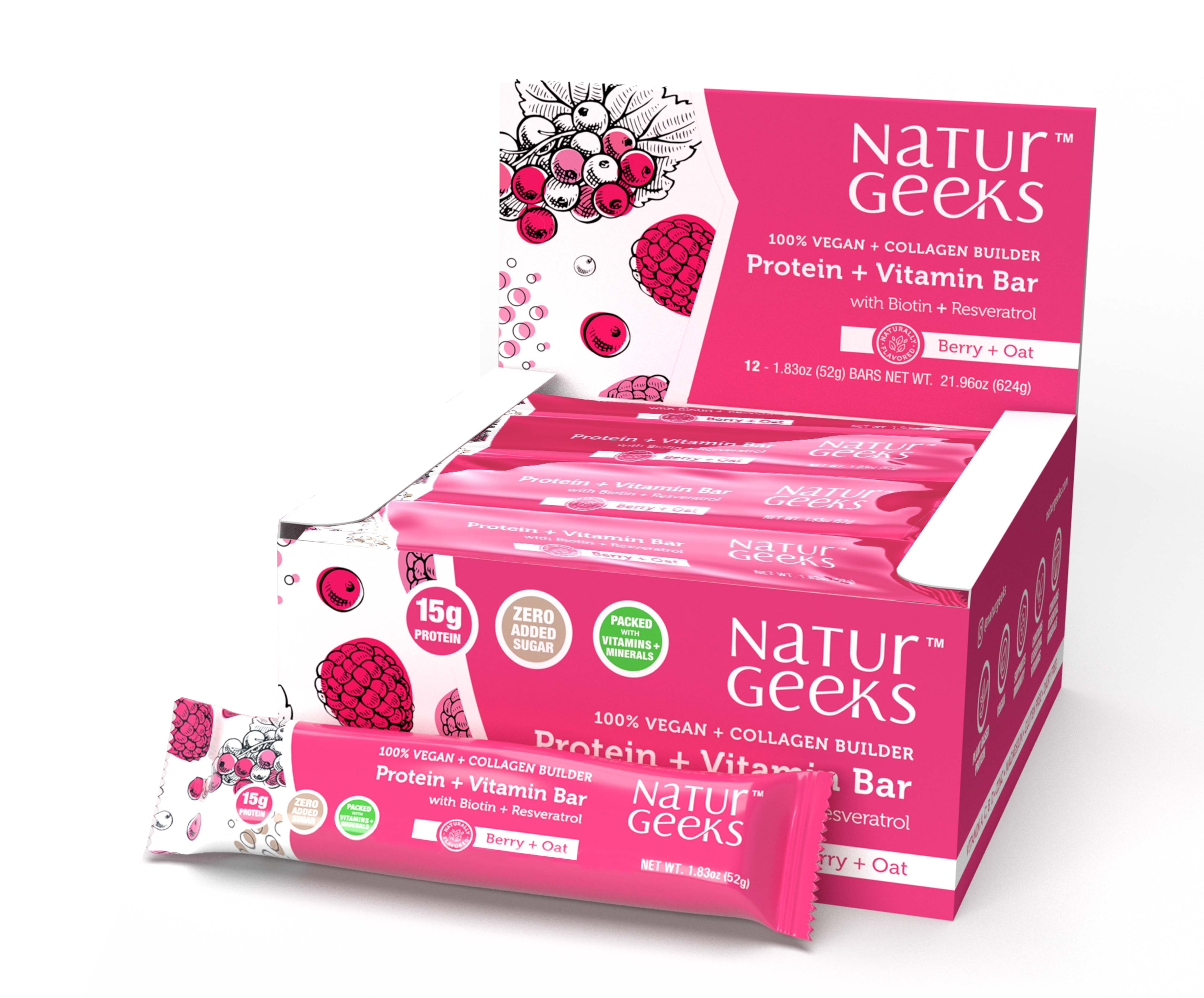 NaturGeeks Vegan Protein Bar + Vitamin Bar, Oat & Berry 15g Protein