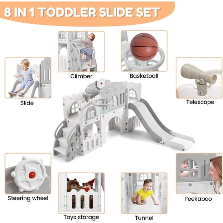 Trilenars 8-in-1 Toddler Indoor Playground with Slide Slide Playset for Ages 1-3Y Outdoor Play Slide Includes Basketball Hoop Climber Crawling Tunnel Telescope Toy Storage Gray+white
