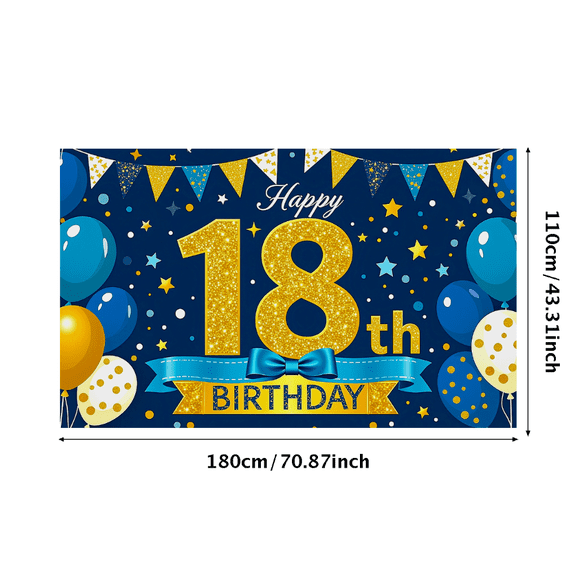 Blue and Gold Glittery 18th Birthday Banner Backdrop Decor with Stars Balloons and Bunting for Birthday Party Photography Props Decorations Happy Birthday Celebrations