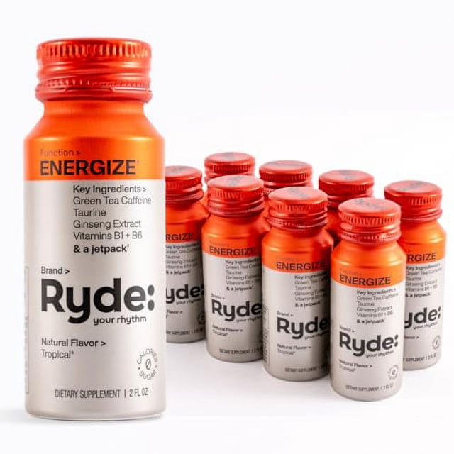 ryde: energize shot | tropical flavor | caffeine & b vitamins | 0 calories, 0 sugar | 2 fl oz shots | boosts energy* (8 pack) Centered front view of eight 2 fl oz (60 ml) Ryde: Energize tropical-flavor energy shots in a staggered row; orange screw caps and orange upper labels, white lower labels with bold RYDE branding and ENERGIZE name, ingredient callouts for green tea caffeine, taurine, ginseng extract and vitamins B1 & B6 visible. Pocket-size 60 ml shots in an 8-pack for an anytime boost; contains coconut/coconut oil allergen. Often used as a quick caffeine lift before workouts or long commutes.