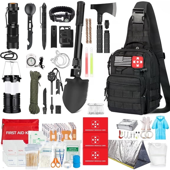 TEIPUERY Outdoor Utility Tools, 282Pcs ，Supplies with First Aid Kit Pouch and Crossbody Bag, Emergency Kit with Tent, Camping Axe Hammer, Bug Out Bag Gifts for Men Women