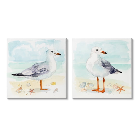 Stupell Industries Seagull & Sandpiper Birds Animals & Insects Painting Gallery Wrapped Canvas Art Print Wall Art, 17 x 17, Set of 2