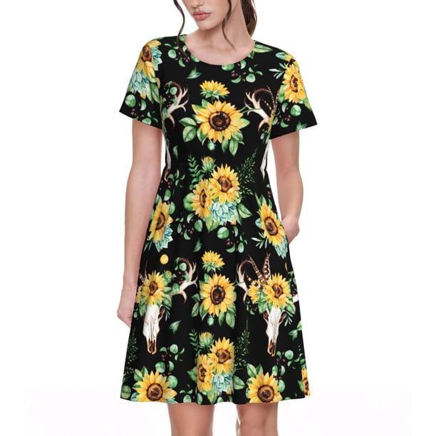 Easygdp Sunflower Skull Boho para Vestido Transpirable de Mujer, Vestido Suelto de Manga Corta con Pliegues y Bolsillos para el Verano