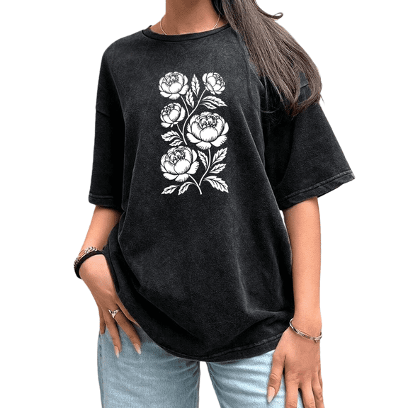 UNISHE Women's Minimalist Peony Graphic Tee Bold Black & White Floral Art T-Shirt Casual Summer Top