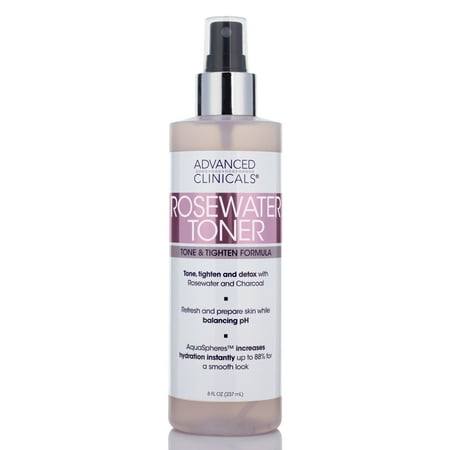 8oz Advanced Clinicals Rosewater Toner with Charcoal and Aloe Vera.  Balancing PH formula detoxifies and hydrates skin and improves overall skin tone.  (Best Toner For Uneven Skin Tone)