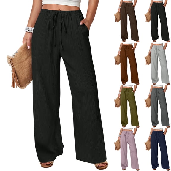 Women's Wide Leg Pants Elastic Waist Lightweight Casual Flowy Beach Palazzo Lounge Trousers with Pockets Army Green XL