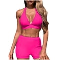 thumbnail image 1 of Womens High Waisted Athletic Bikini Sets Solid Color Tummy Control Swimsuits V Neck Halter Bathing Suit with Boy Shorts, 1 of 7