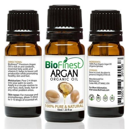 BioFinest Argan Oil for Hair, Face and Skin, 00% Pure, Natural, Cold Pressed, Certified Organic Moroccan Virgin Oil, Anti-Aging, Anti-Oxidant Moisturizer (10