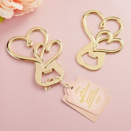 Double Heart Gold Bottle Opener - Set of 24 - Perfect Wedding Favor or Guest gifts for Bridal Showers or Other Celebrations