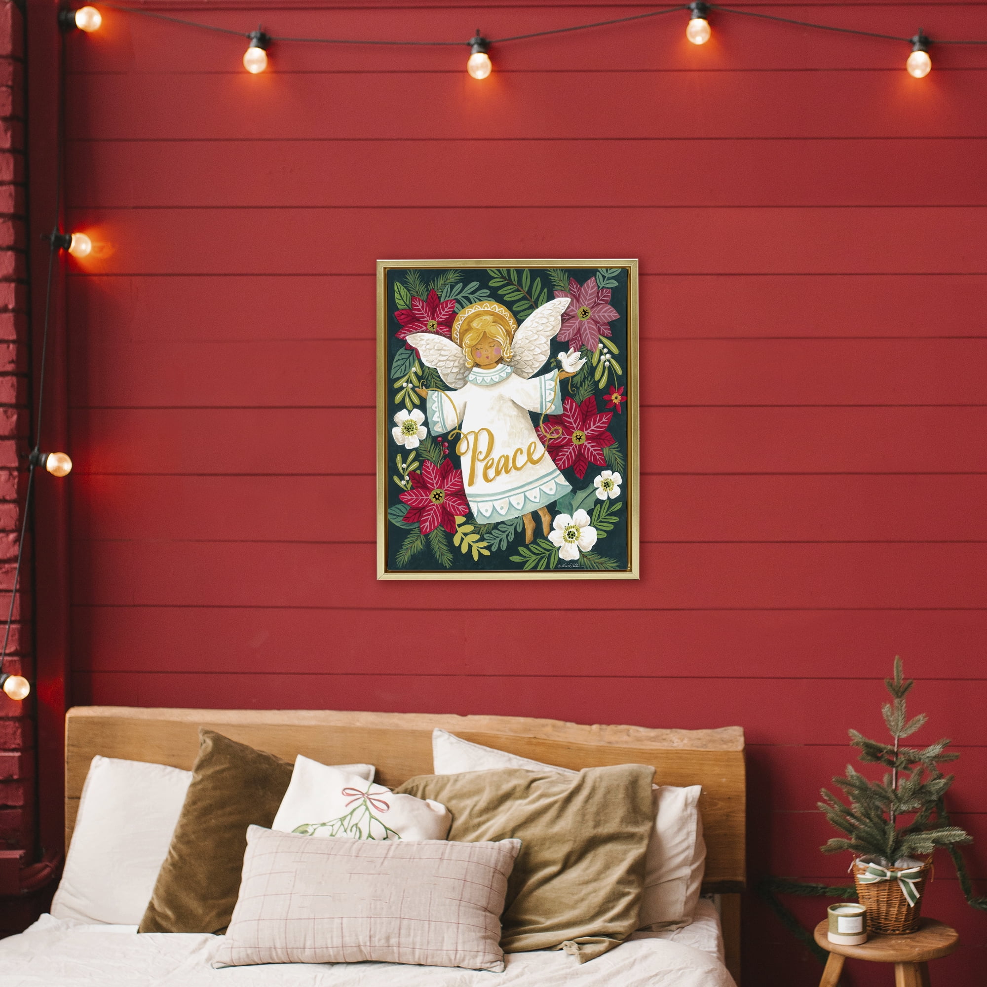 Angel with Peace & Botanicals Gold Framed Floater Canvas Wall Art, design by Diane Kater