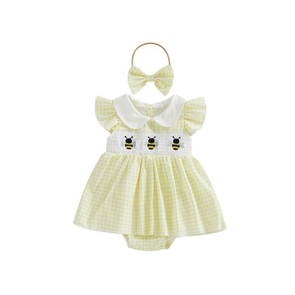 BemeyourBBs Newborn Baby Girl Bee Romper Dress Summer 2 Piece Outfit Sleeveless Bumble Bee Themed Plaid Tutu Dress Bow Headband Set