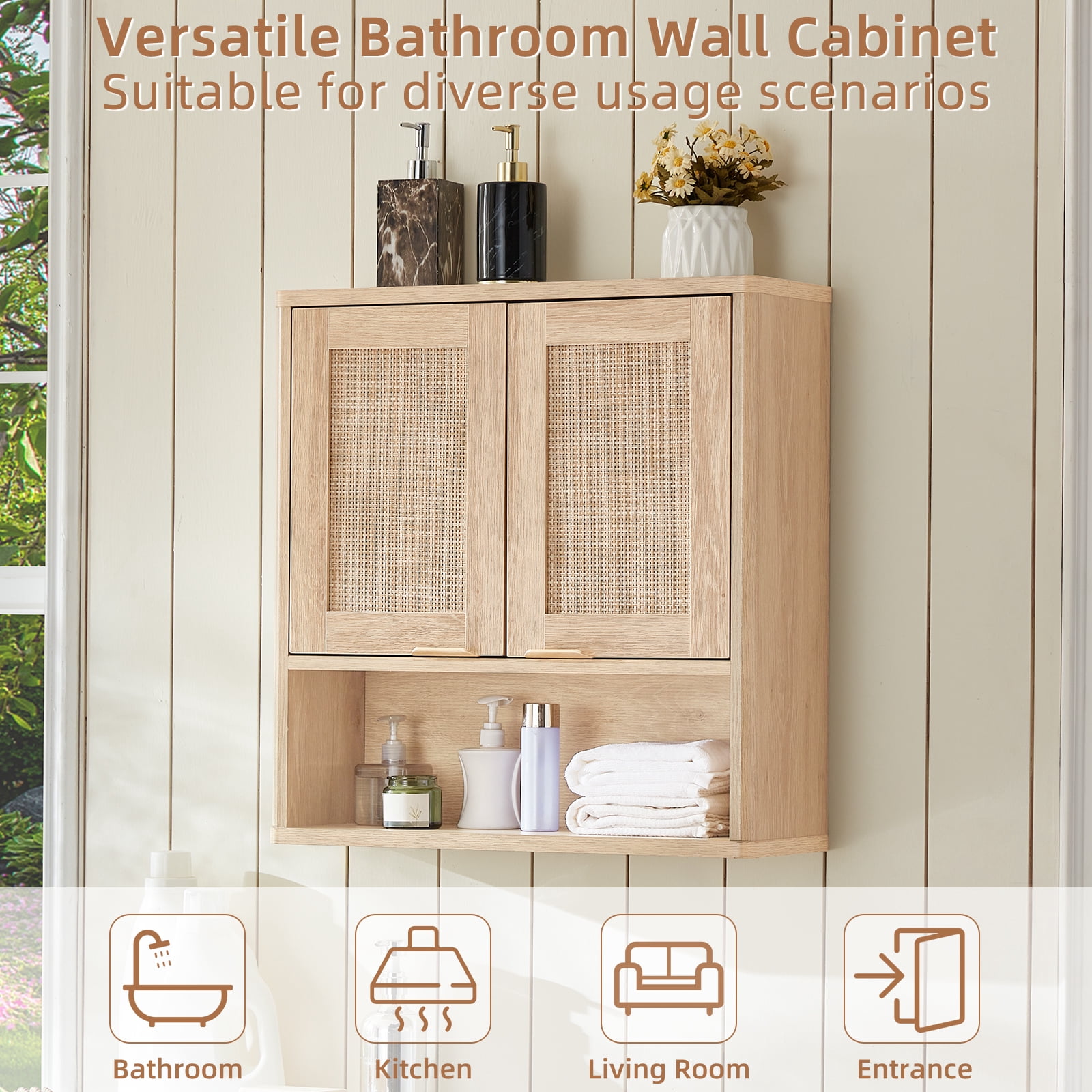 Leyaoyao Boho Bathroom Cabinet Wall Mounted with Doors, Wood Hanging Cabinet, Adult Wall Cabinets with Shelves Over The Toilet, Natural Oak