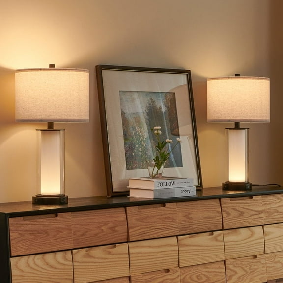 KAWOTI 23.25'' Glass USB Table Lamp Set with Night Light, Modern Bedside Nightstand Lamps for Bedroom Living Room