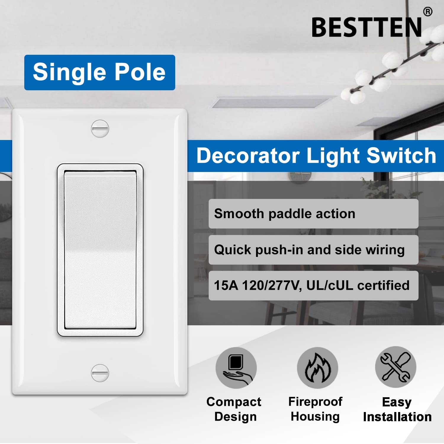 [10 Pack] BESTTEN Single Pole Decorator Wall Light Switch with Wallplate, 15A 120/277V, On/Off Rocker Paddle Interrupter for LED and other Lamps, UL Listed, White - image 3 of 7