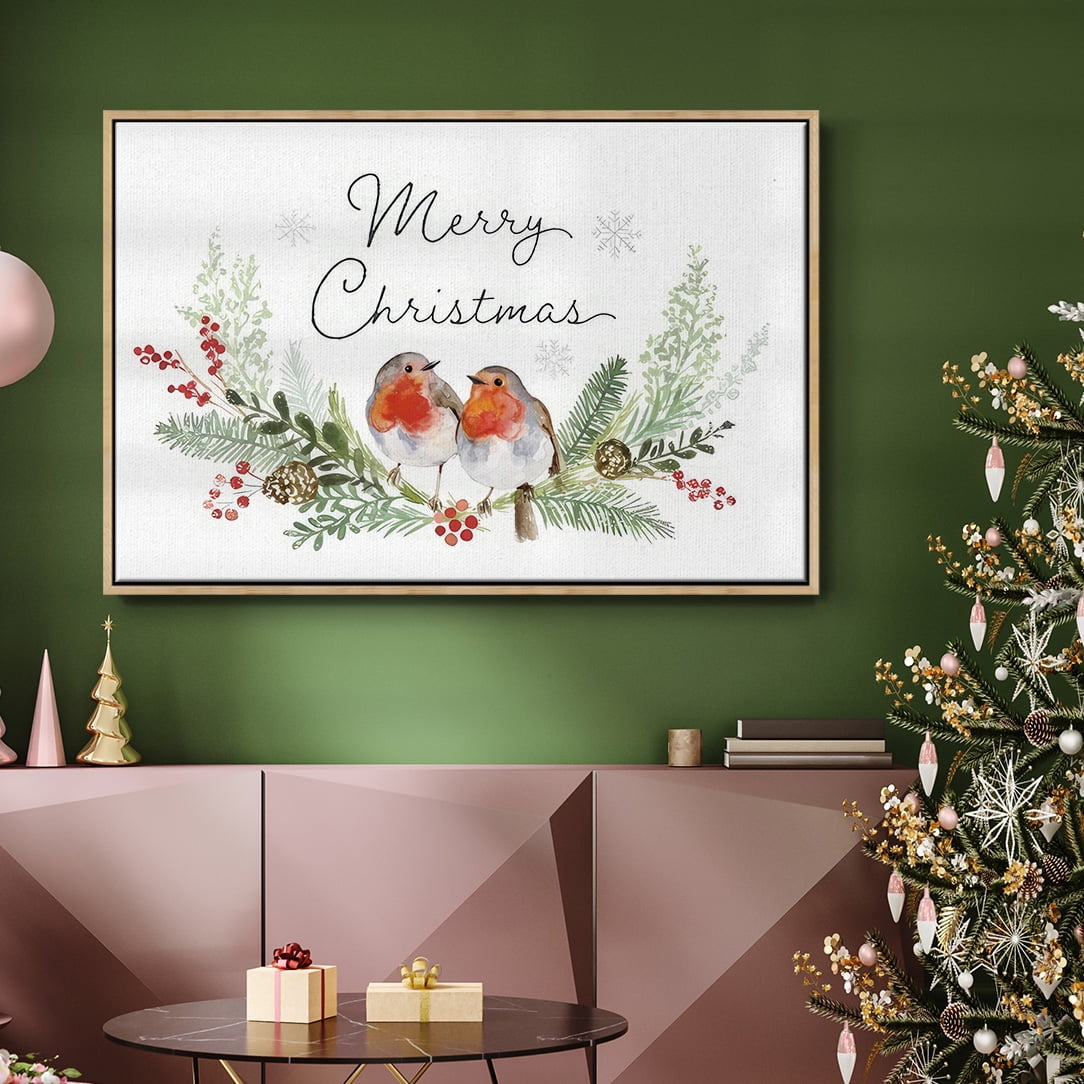 Winter Visitor Collection A - Framed Gallery Wrapped Holiday Canvas - 27 x 41 - Natural Wood Frame