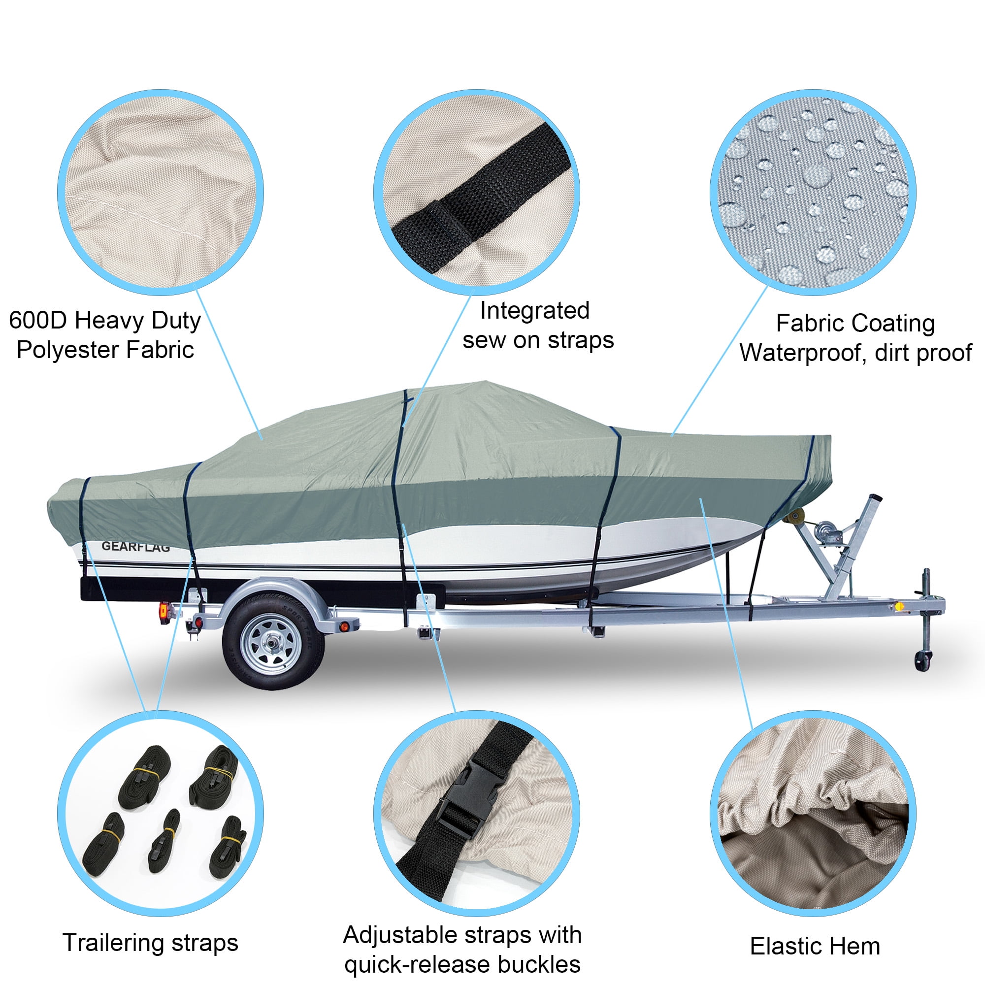 MR. COVER Marine-Grade Boat Cover For 16-18.5 Ft V-Hull Boats - Waterproof Polyester, Fits Up To 94" Beam, Gray