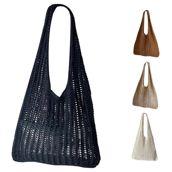 CUZIBR Women'S Fashion Shoulder Bag Large Capacity Casual Hollow Knit Tote Bag Vertical Striped Crochet Woven Mesh Handbag Single Long Strap Lightweight Beach Shopping Bag