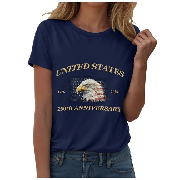 TOWED22 Women's 250Th America Anniversary Casual Printed T-Shirt Faith 250 Years Patriotic Flag Tee 4Th of July(Navy,L)